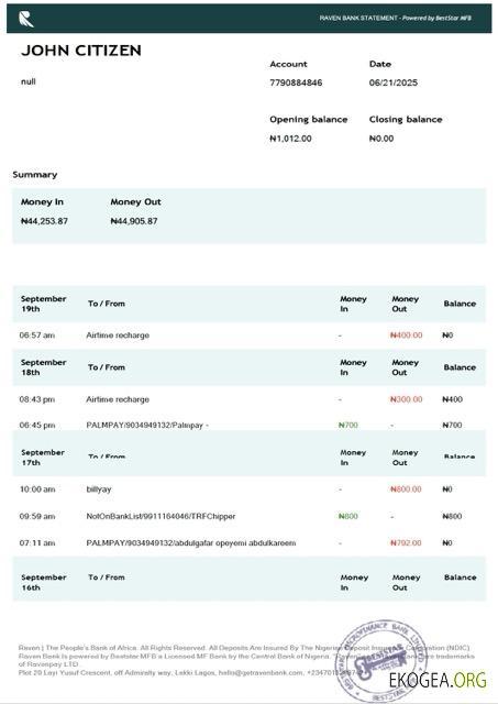 Relevé de la Nigeria Raven Bank Modèle Word et PDF